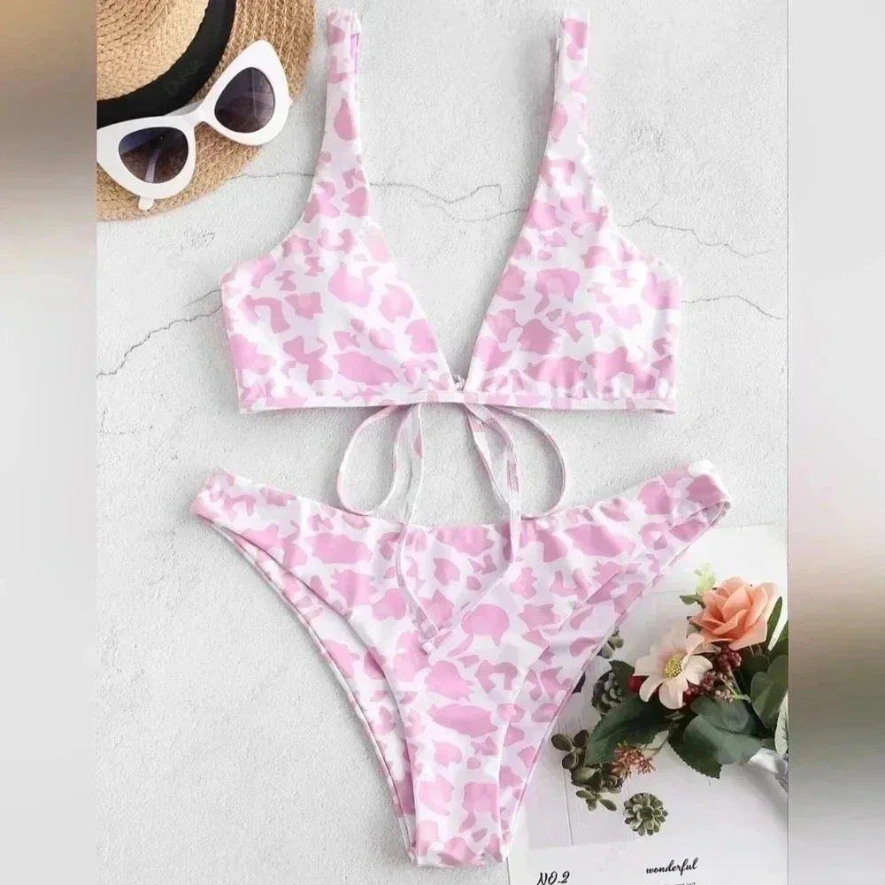 NWOT Zaful Tie Plunge Pink White Animal Print Bikini Swimsuit Swimwear M or 6
